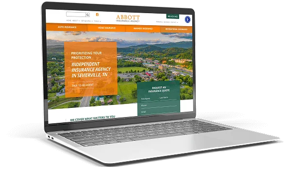 A laptop displaying the homepage of Abbott Insurance Agency, featuring scenic imagery of Sevierville, TN and sections for requesting insurance quotes and exploring coverage options.